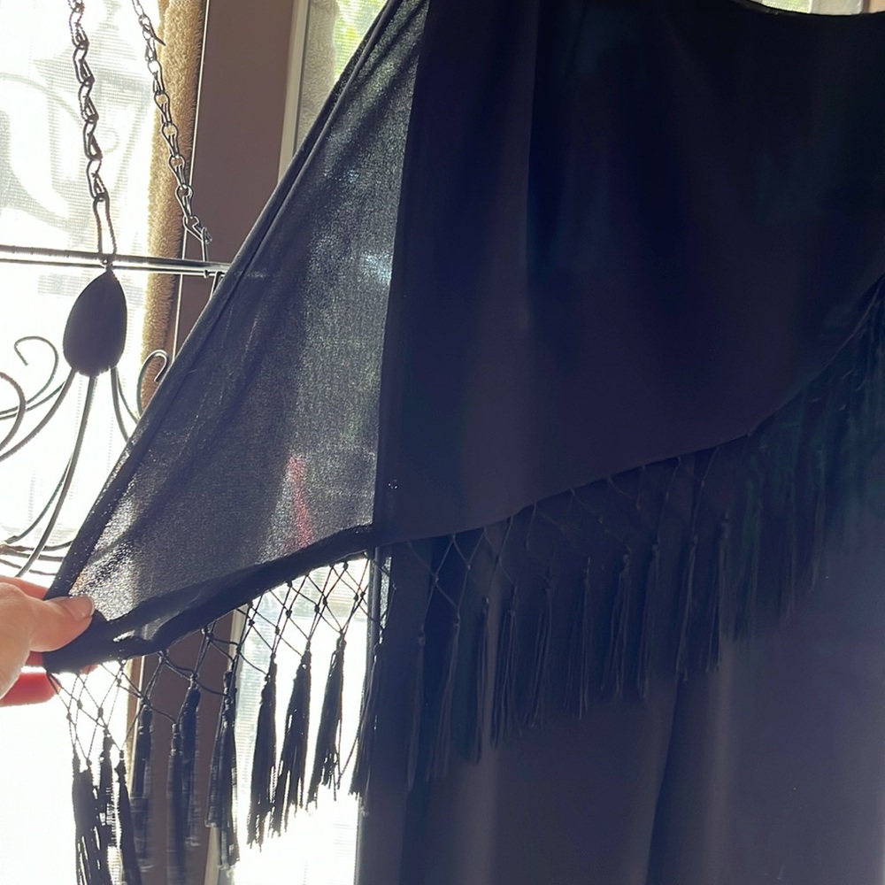 Dawn Joy Size 12 black dressy wide leg pant sheer fringed overlay at waist